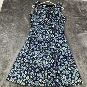 Talbots Fit & Flare Dress Woman's 14 Preppy Sleeveless Navy/White Floral Cotton